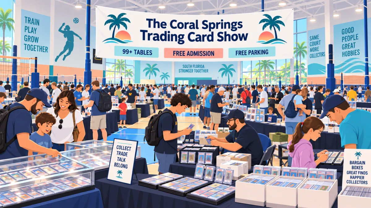 Illustrated trading card show inside a bright indoor sports venue, with collectors browsing vendor tables beneath a Coral Springs Trading Card Show banner.