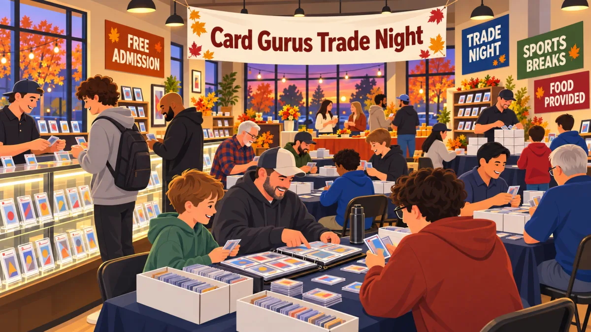 Collectors trade cards and browse binders inside a Pflugerville card shop beneath a Card Gurus Trade Night banner with free admission, sports breaks, and food callouts.