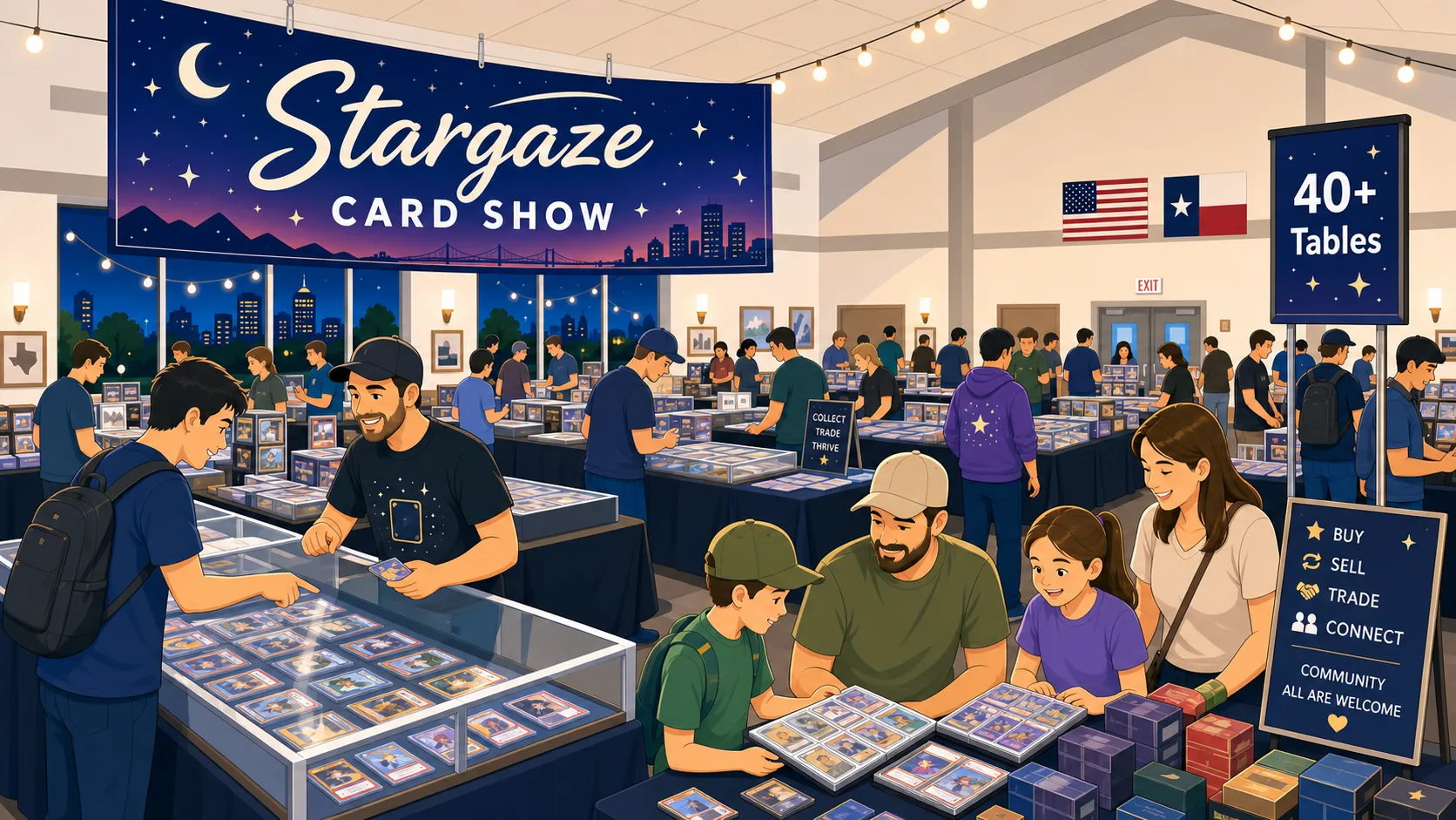 Stargaze Card Show at a VFW hall in Texas, with 40+ vendor tables, glass display cases of trading cards, and families browsing booster boxes.