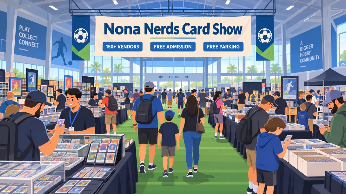 An illustrated trading card show inside a spacious Orlando soccer complex, with collectors browsing vendor tables beneath a Nona Nerds Card Show banner.