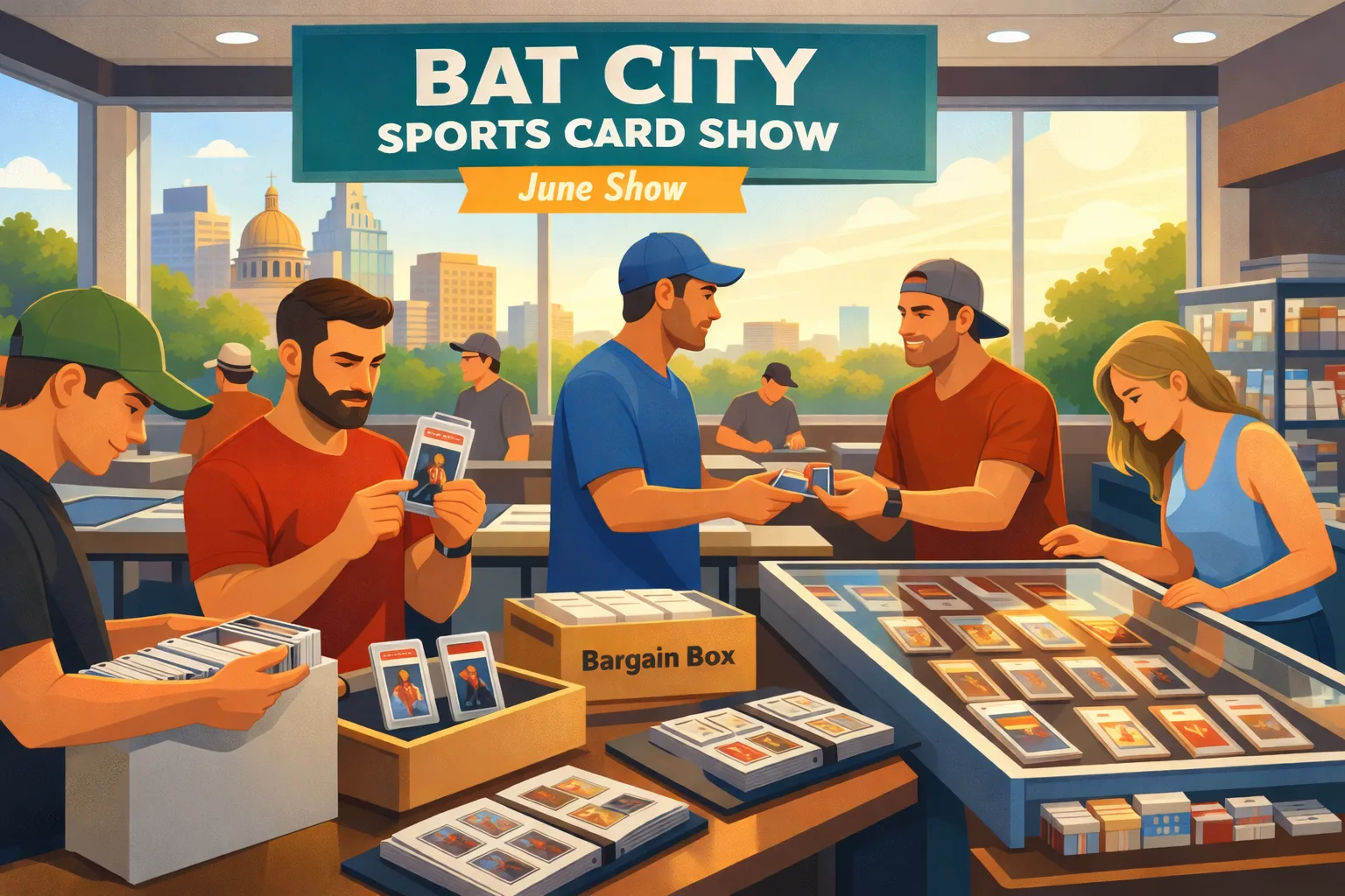 Modern web illustration of the Bat City Sports Card Show in Austin, Texas during the June 2026 sports card event at Kenny’s Collectibles.