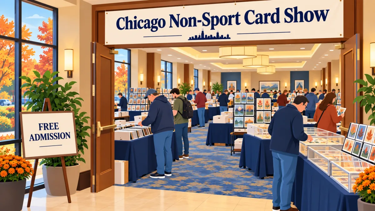 Collectors browse card displays and open binders inside a hotel event room beneath a Chicago Non-Sport Card Show banner. A small sign beside the entrance reads Free Admission.
