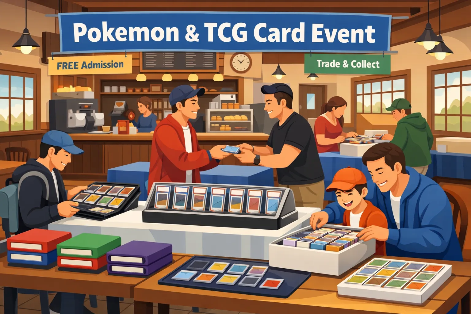 Illustration of the Pokémon & TCG Card Event in Crystal Lake, Illinois, showing a train-station deli card show with vendor tables, display cases, Pokémon binders, slabs, and collectors trading in a relaxed local setting.