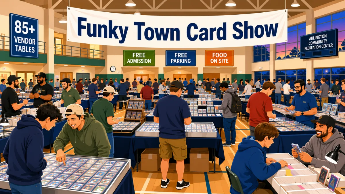 Illustration of collectors browsing card displays, binders, bargain boxes, and crafts beneath a Funky Town Card Show banner inside an Arlington recreation center.