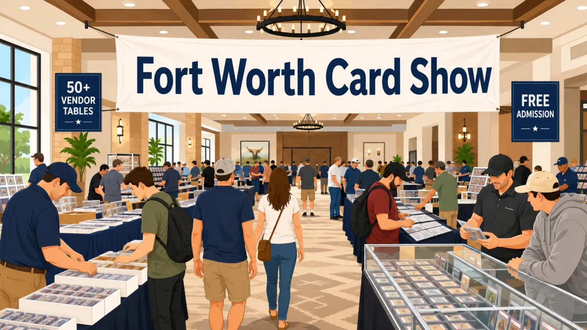 Fort Worth Card Show banner above a modern Stockyards-area hotel event hall with 50+ vendor tables, display cases, card binders, bargain boxes, and collectors browsing.