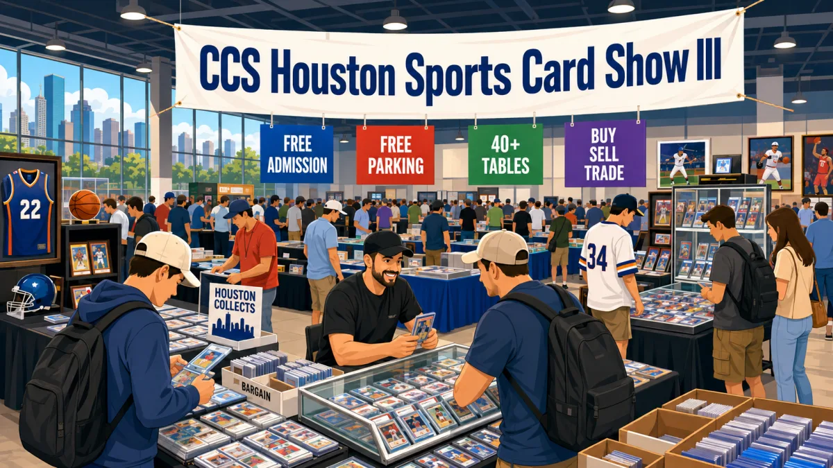 CCS Houston Sports Card Show III, a busy indoor convention floor with vendor tables of graded cards in glass display cases, jerseys, helmets, and collectors trading.