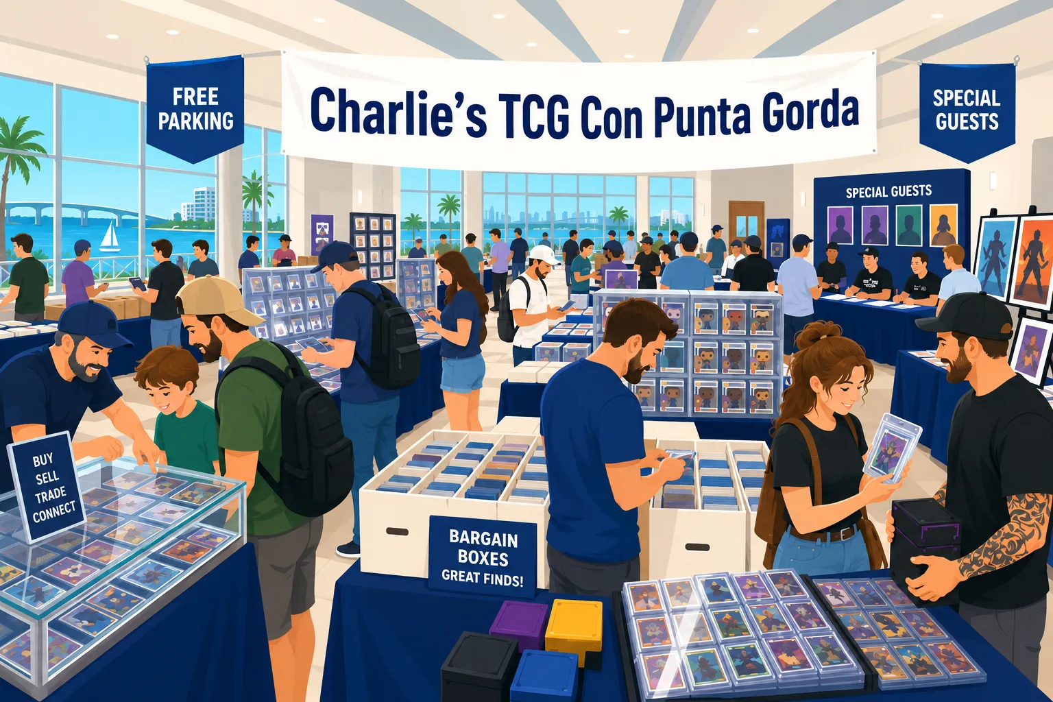Charlie's TCG Con Punta Gorda waterfront venue with collectors browsing graded card cases, bargain boxes, Funko Pop displays, and a special guests signing table.