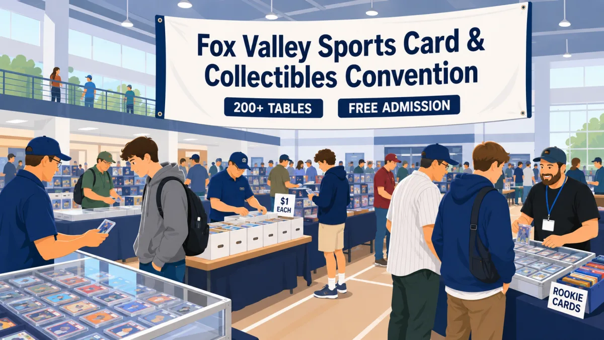 Fox Valley Sports Card & Collectibles Convention in Illinois with 200+ vendor tables, glass showcases of rookie cards, and dollar bins drawing collectors.