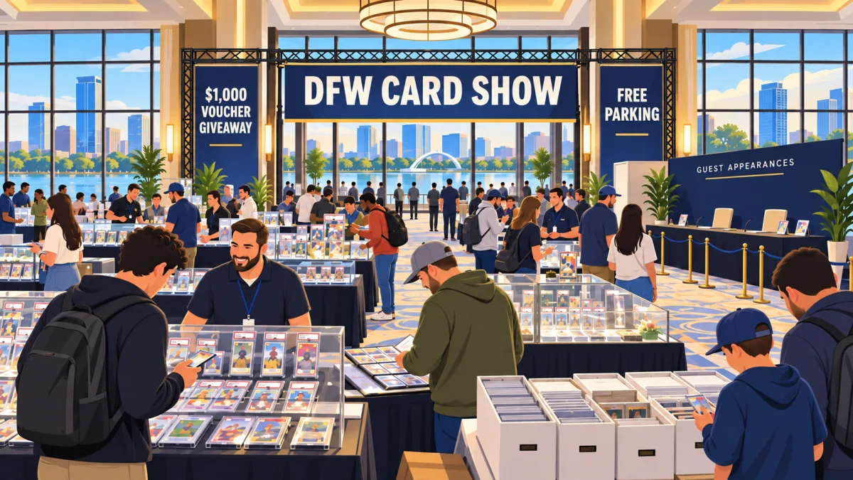 Illustration of collectors browsing card tables inside a Las Colinas hotel ballroom beneath a DFW Card Show banner, with giveaway and free-parking signs.