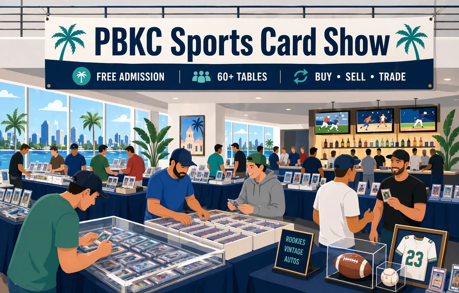 Illustration of the PBKC Sports Card Show in West Palm Beach, Florida, showing a second-floor sports card event with vendor tables, display cases, slabs, memorabilia, and collectors browsing in a lively venue setting.