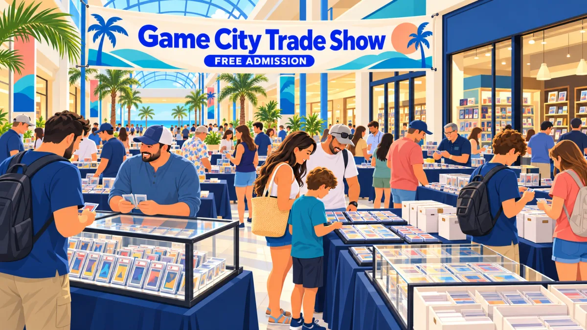 Illustration of collectors browsing a modest card show inside a bright mall concourse beneath Game City Trade Show and Free Admission signs.