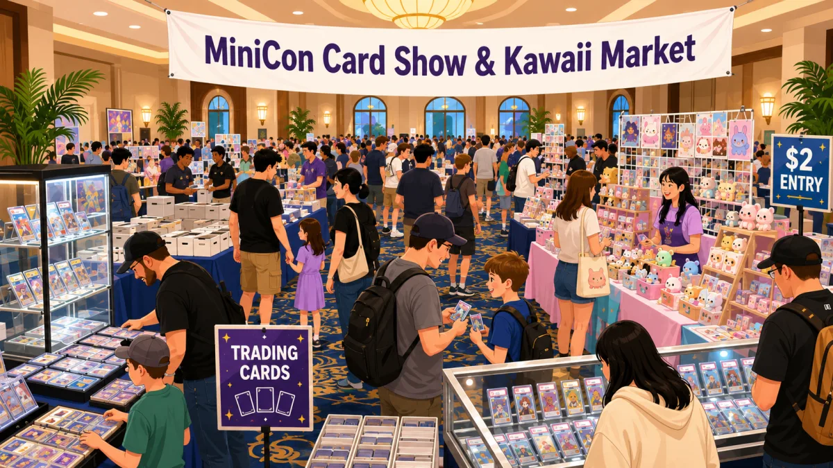 MiniCon Card Show and Kawaii Market in a packed hotel ballroom with graded card display cases, trading card tables, and kawaii plush vendor booths