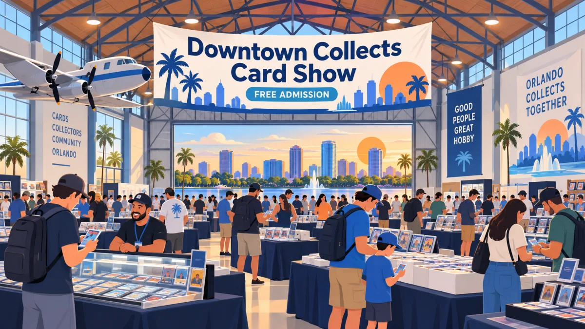 Collectors browse card tables inside a warm, hangar-style Orlando venue beneath a Downtown Collects Card Show banner and Free Admission sign.