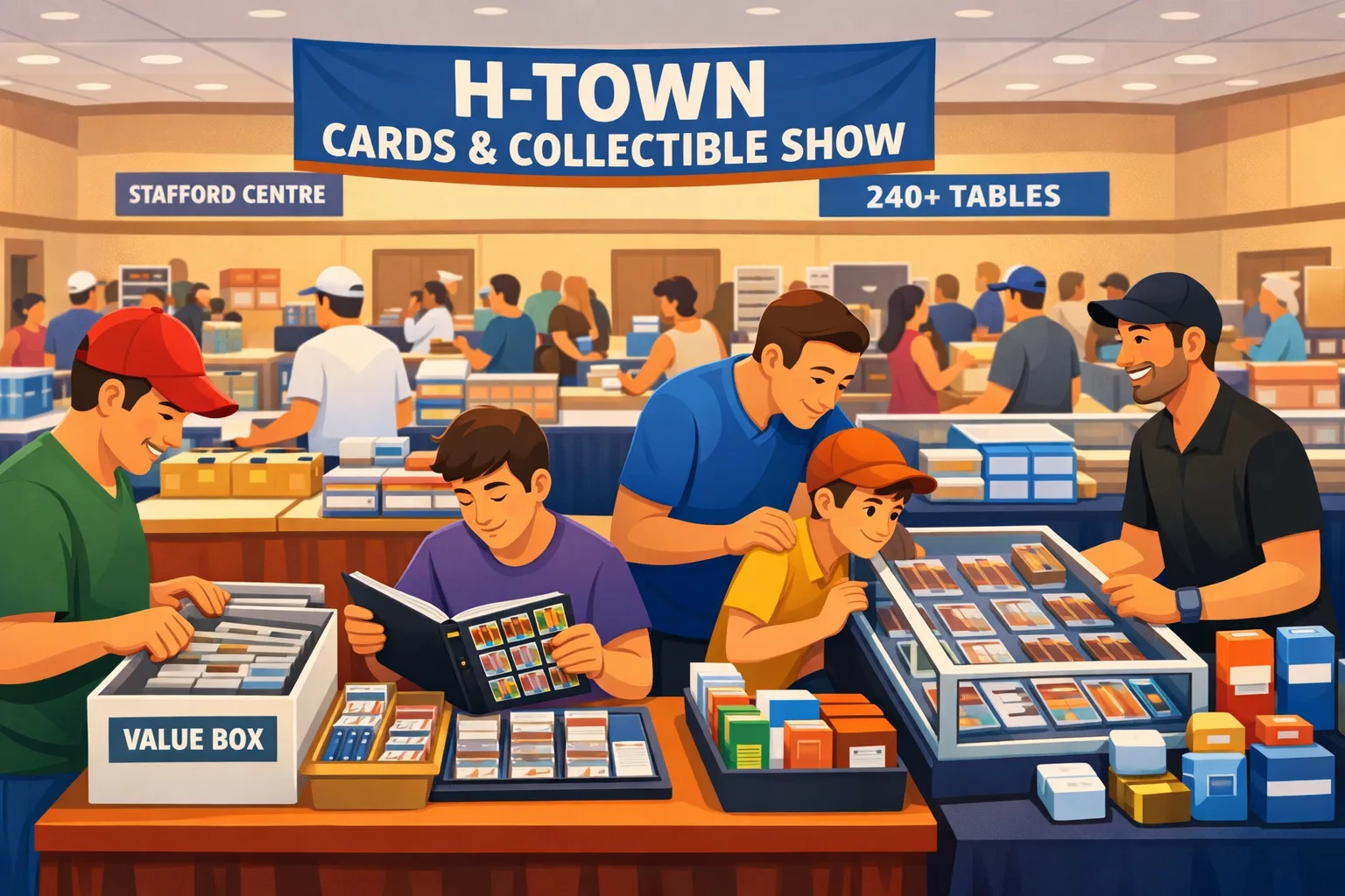 Illustration of the H-Town Cards & Collectible Show in Stafford, Texas, in August 2026, showing a busy indoor card show with vendor tables, sports card boxes, Pokemon binders, display cases, sealed products, and collectors browsing Stafford Centre.