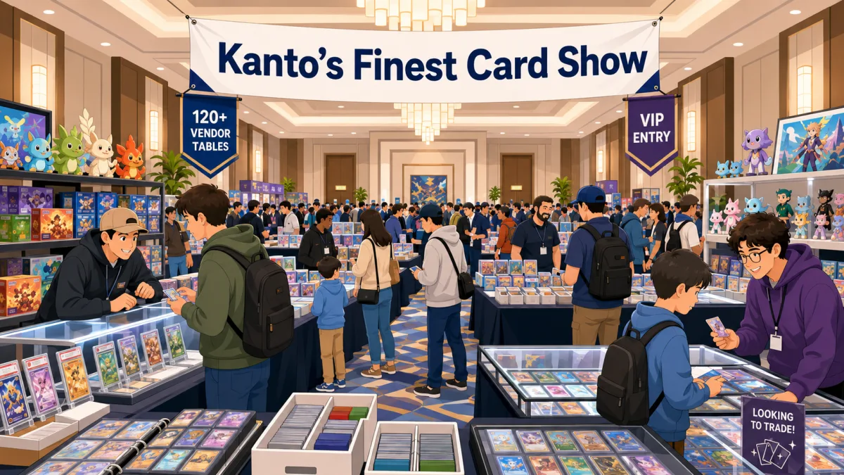 Kanto's Finest Card Show fills a crowded hotel ballroom with 120+ vendor tables, glass cases of graded cards, and dollar bargain boxes.