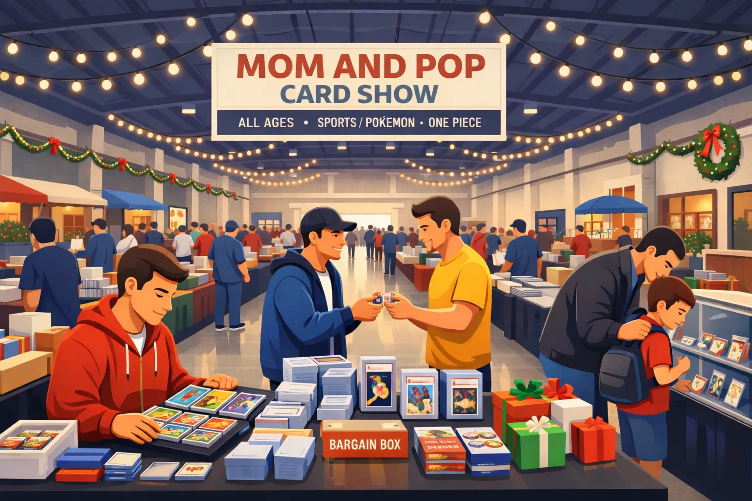 Mom and Pop Card Show in Leander, Texas on Sunday, December 13, 2026, with Christmas decor, a dad and child viewing cards, two men trading, and a collector flipping through a binder inside the venue.