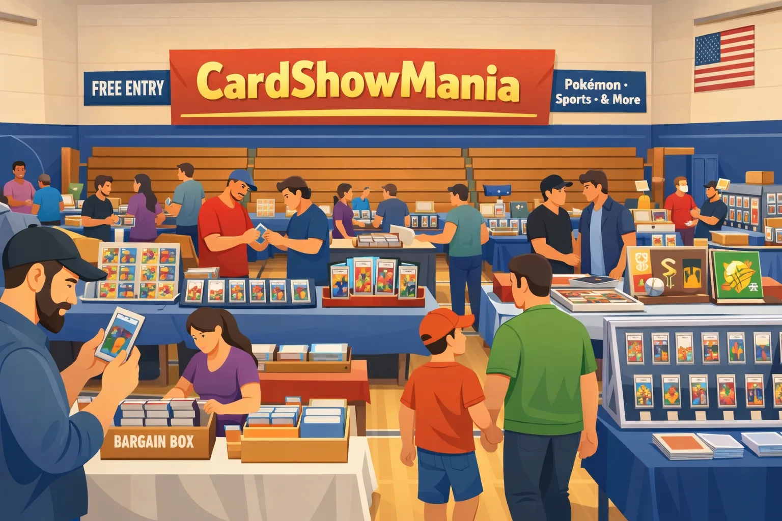 CardShowMania card show inside a busy El Paso high school gym with vendor tables, sports cards, collectible displays, and families browsing on April 11, 2026.