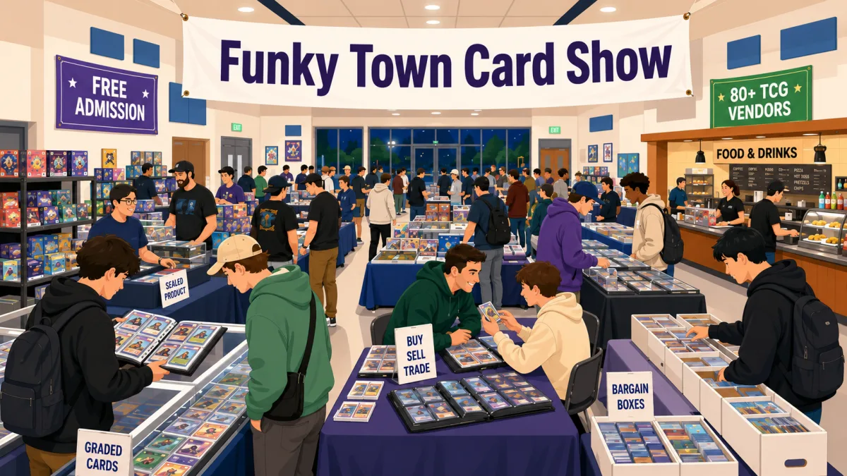 Funky Town Card Show floor with collectors browsing graded card display cases, sealed product binders, and bargain boxes at dozens of vendor tables