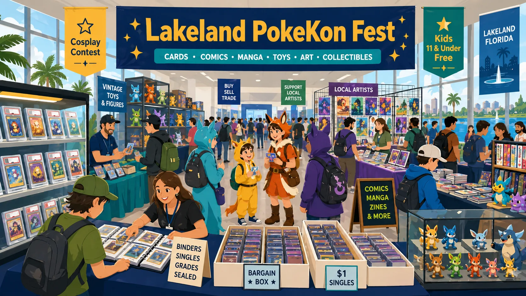 Modern vector illustration of Lakeland PokeKon Fest in Lakeland, Florida, with vendor tables, TCG binders, card slabs, comics, manga, toys, artists, and collectors browsing.