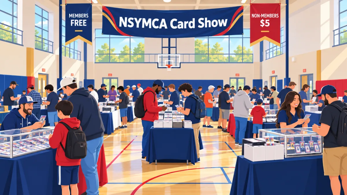 Illustration of collectors browsing card tables inside a community YMCA room beneath an NSYMCA Card Show banner with member admission callouts.
