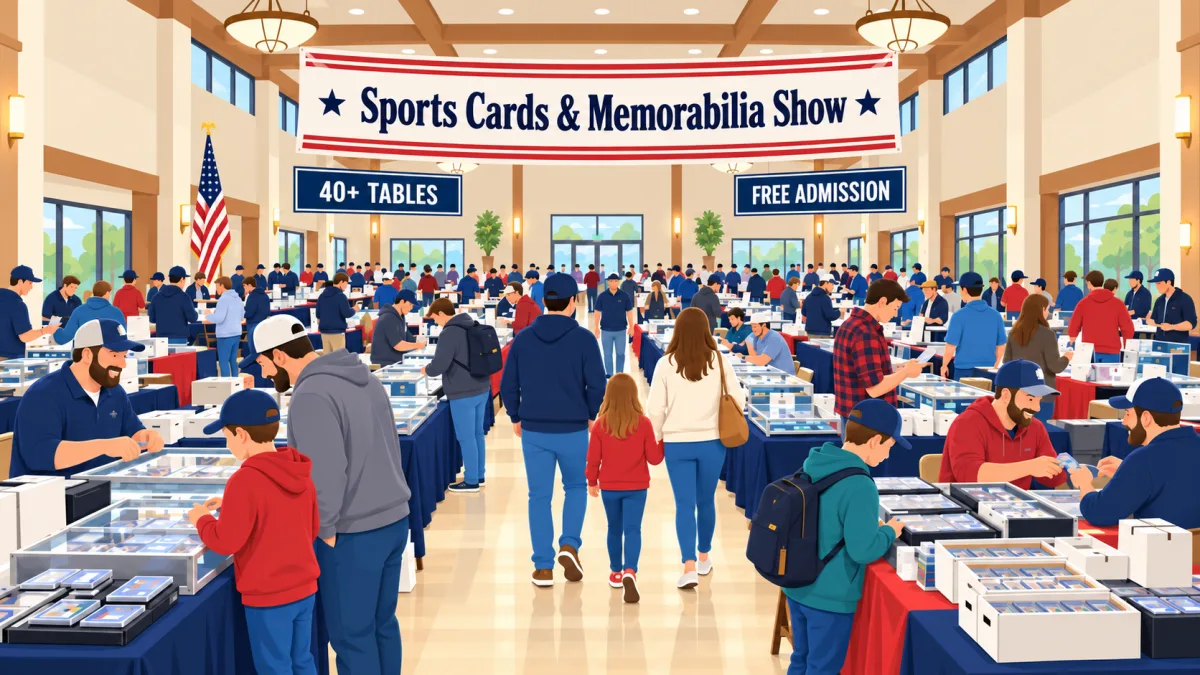 Illustration of collectors browsing card tables inside the Mattoon Moose Lodge beneath a Sports Cards & Memorabilia Show banner with 40+ Tables and Free Admission callouts.