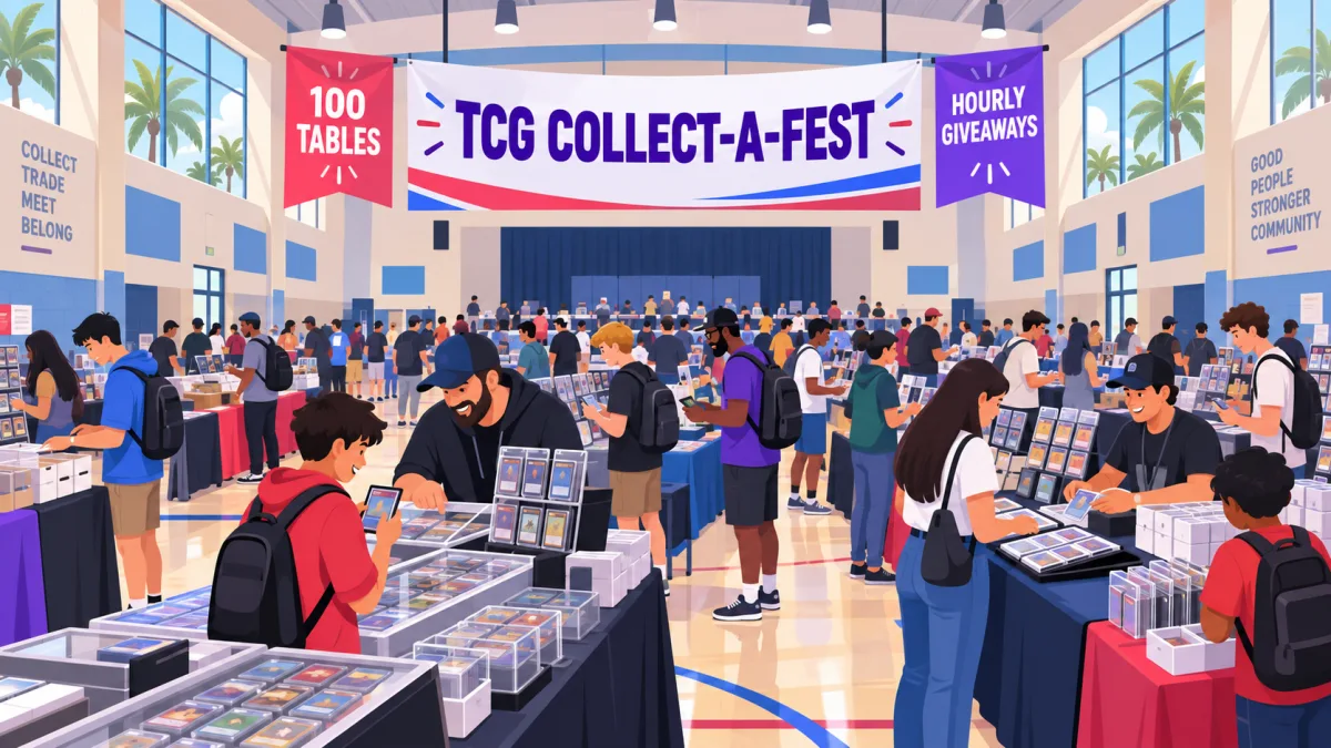Illustration of collectors browsing card-filled vendor tables inside a school multipurpose hall beneath a TCG COLLECT-A-FEST banner.