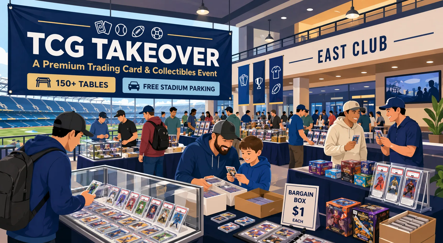Modern vector illustration of TCG Takeover in Tampa, showing a stadium club card show floor with vendor tables, display cases, slabs, binders, and collectors trading.