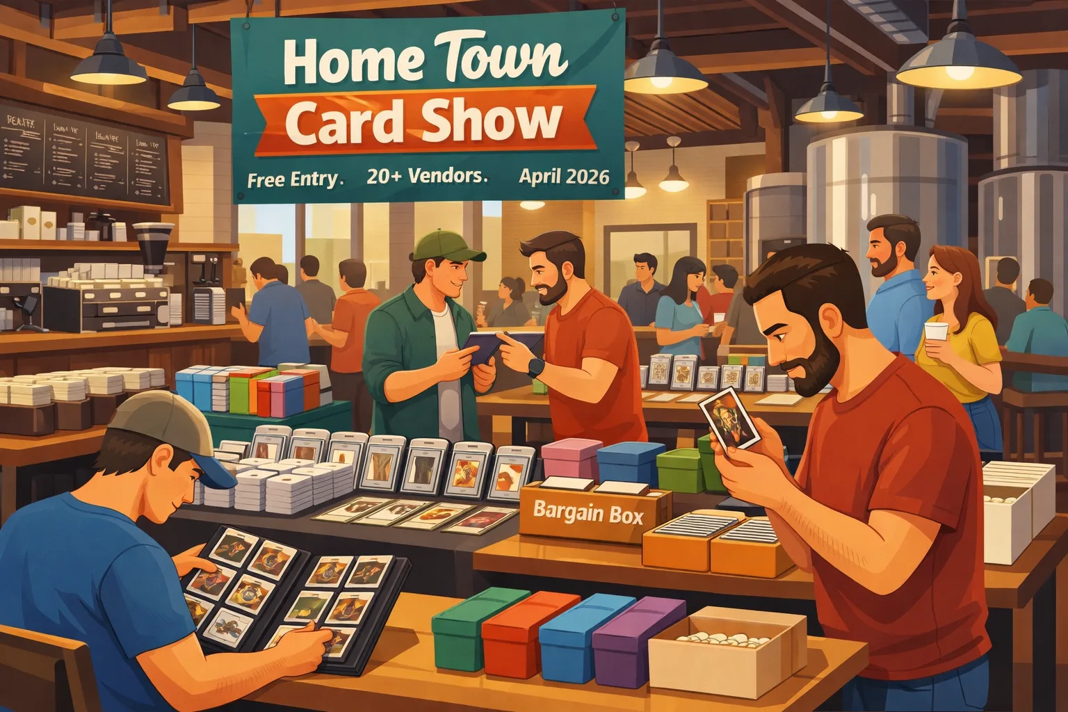 Home Town Card Show hero illustration in Leander, Texas showing collectors browsing vendor tables, binders, and display cases inside a brewery event space during the free April 19, 2026 card show.