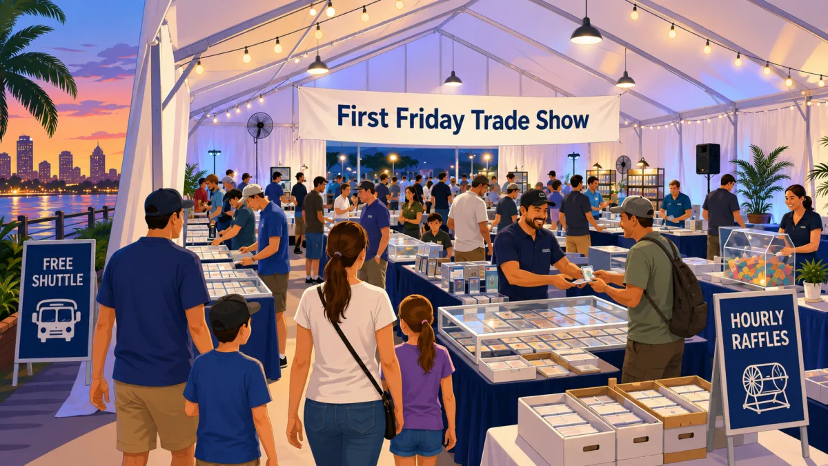 An illustrated evening card show inside a lighted Tampa event tent, with collectors browsing vendor tables beneath a First Friday Trade Show banner.