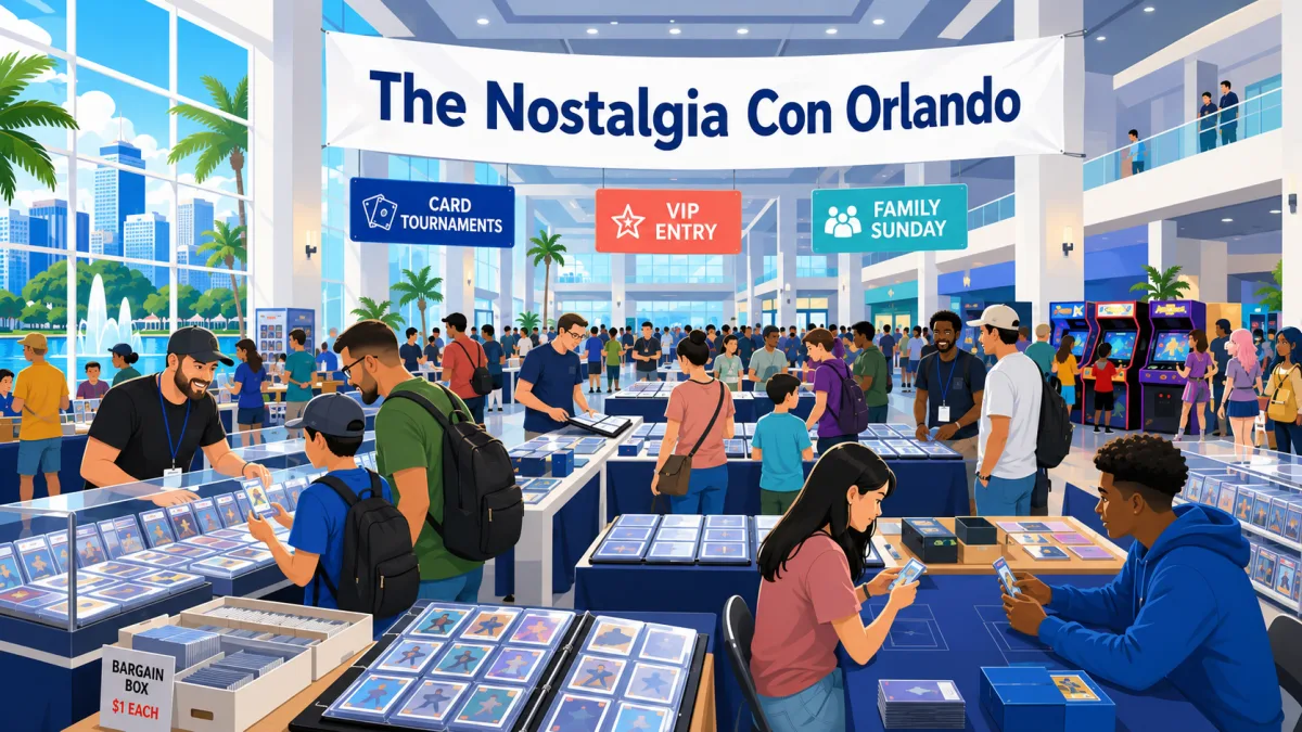 Illustrated Orlando convention hall with families and collectors browsing card tables beneath a The Nostalgia Con Orlando banner.