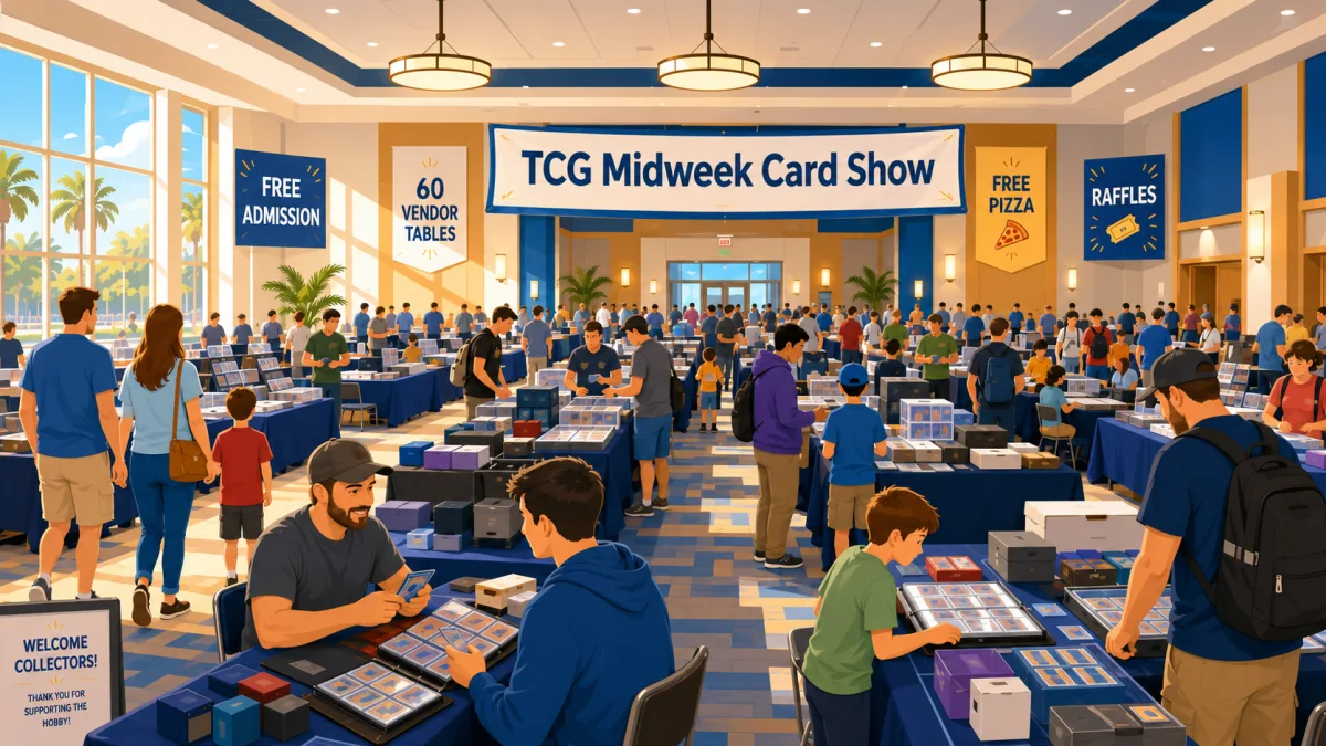 Illustration of collectors and families browsing vendor tables inside Clermont City Center beneath a TCG Midweek Card Show banner.