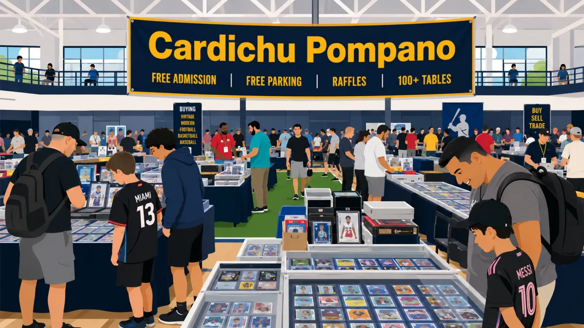 Cardichu Pompano card show in Pompano Beach, FL. Collectors browsing 100+ tables of graded slabs, sports cards, and buy-sell-trade vendor displays.