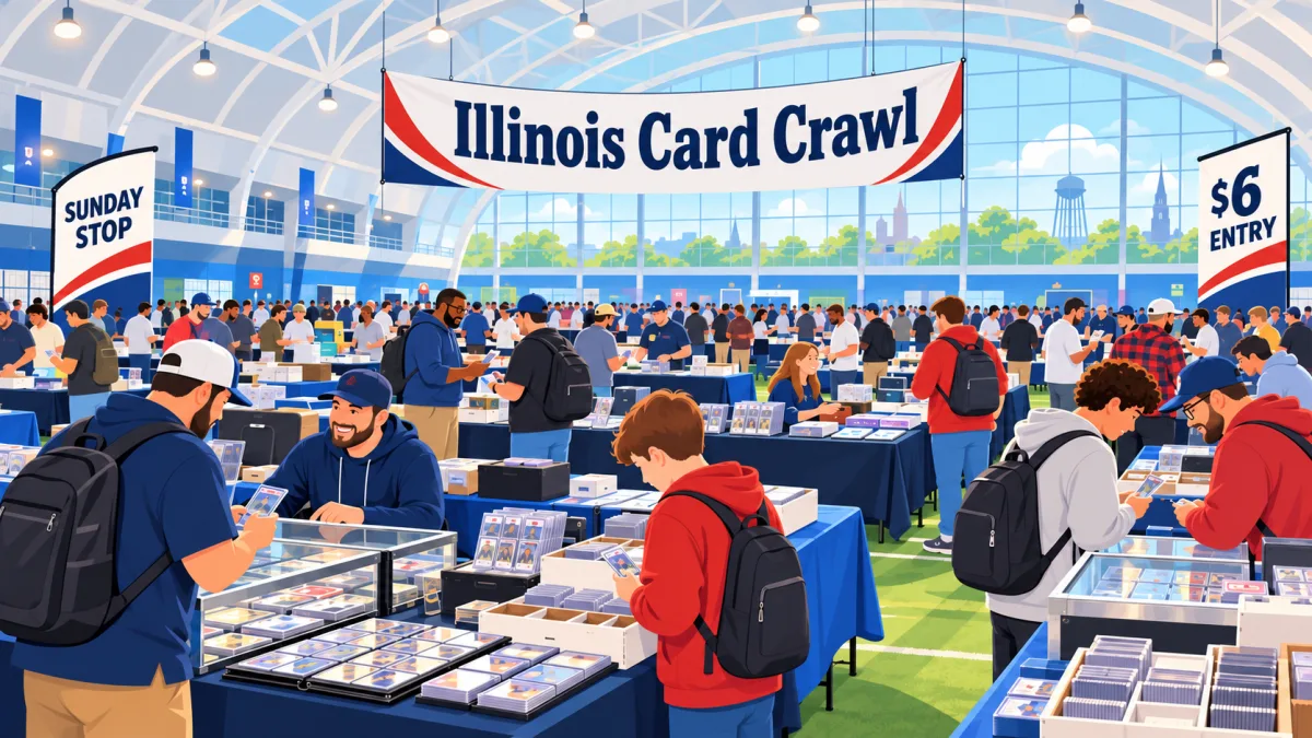 Illustration of collectors browsing card tables inside Go Pro Sports Dome beneath an Illinois Card Crawl Sunday Stop banner.