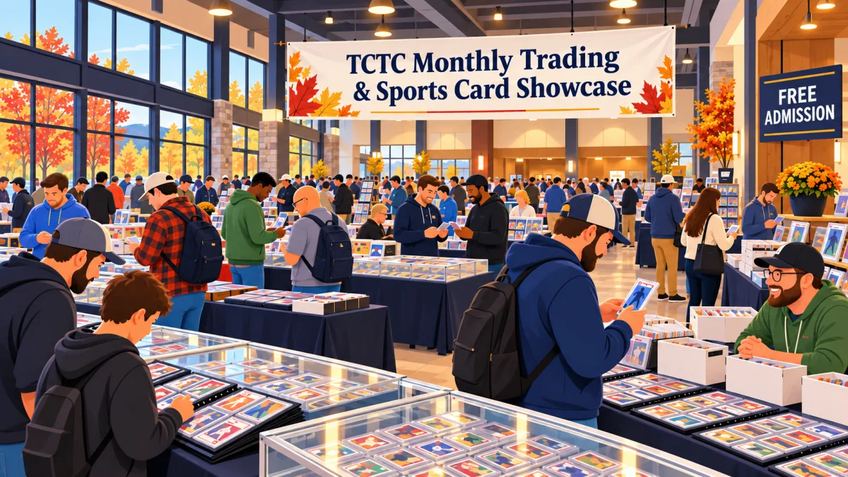 Illustration of collectors browsing card tables, display cases, binders, and bargain boxes beneath a TCTC Monthly Trading & Sports Card Showcase banner at The Collective Trading Co. in Knoxville.