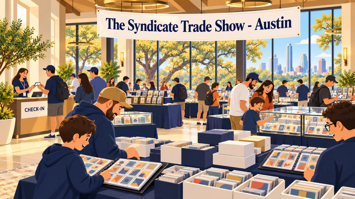 Collectors and families browse card displays and open binders in a bright clubhouse room beneath a banner reading The Syndicate Trade Show - Austin. Oak trees are visible through the windows.