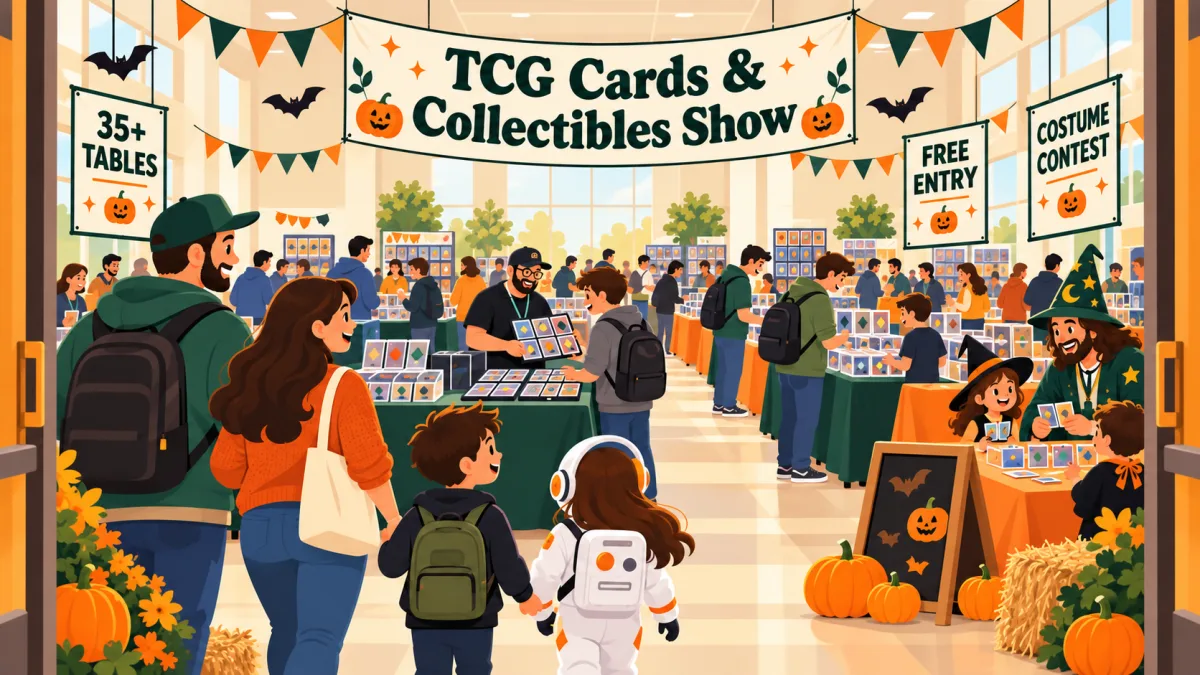 Families and collectors browse trading card tables in hall decorated with pumpkins and paper bats beneath a TCG Cards & Collectibles Show banner. A child in an astronaut costume and an adult in a wizard costume stand near a costume contest area.