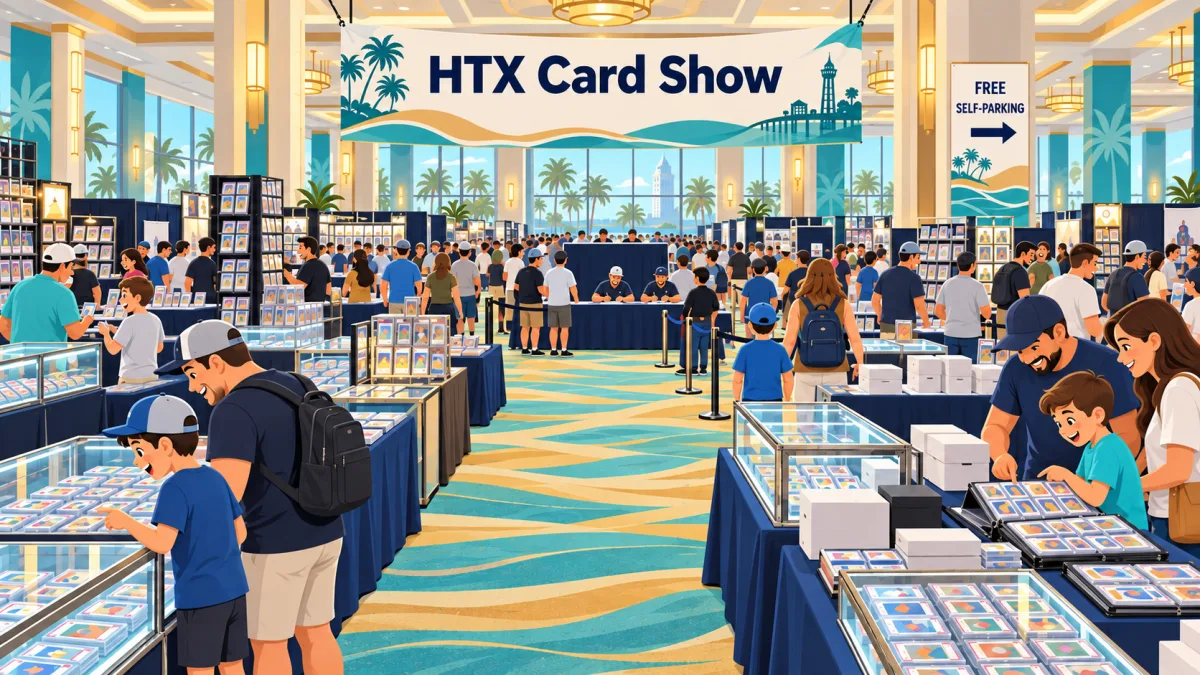 Collectors and families browse trading card displays inside a bright convention hall beneath an HTX Card Show banner. An autograph area and palm trees beyond the lobby windows complete the scene.