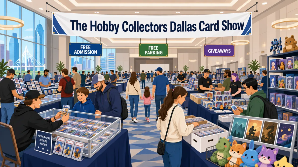 The Hobby Collectors Dallas Card Show in Texas, with attendees browsing glass cases of graded slabs, vendor tables, and collectible displays.