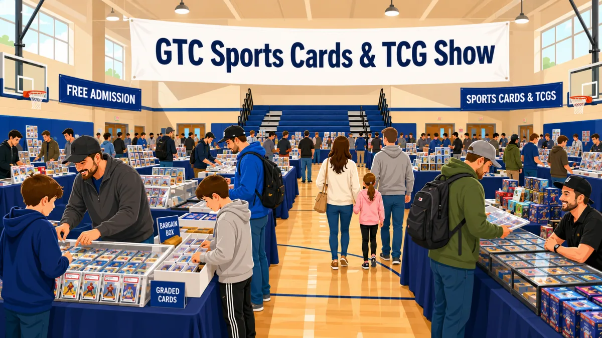 GTC Sports Cards and TCG Show filling a school gymnasium, with vendor tables of graded cards, bargain boxes, and families browsing under a free admission banner.