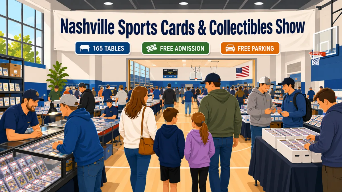 Illustration of collectors browsing card tables across a bright school-gym show floor for the Nashville Sports Cards & Collectibles Show.