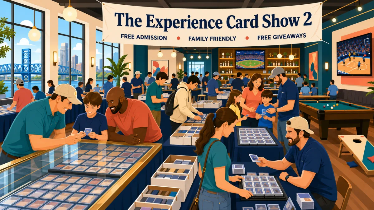 Editorial illustration of families and collectors browsing card tables in a lounge beneath a banner for The Experience Card Show 2.