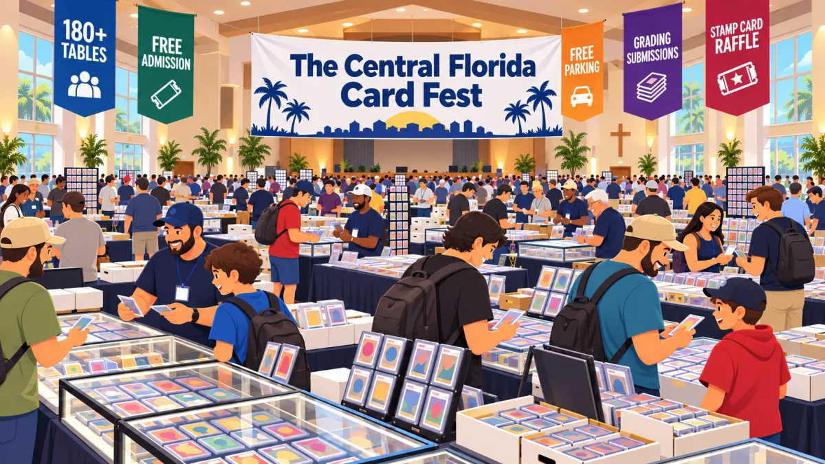 Collectors at vendor tables, display cases, binders, and card boxes inside a Orlando community hall under a Central Florida Card Fest banner. Signs highlight more than 180 tables, free admission, free parking, grading submissions, and a stamp-card raffle.