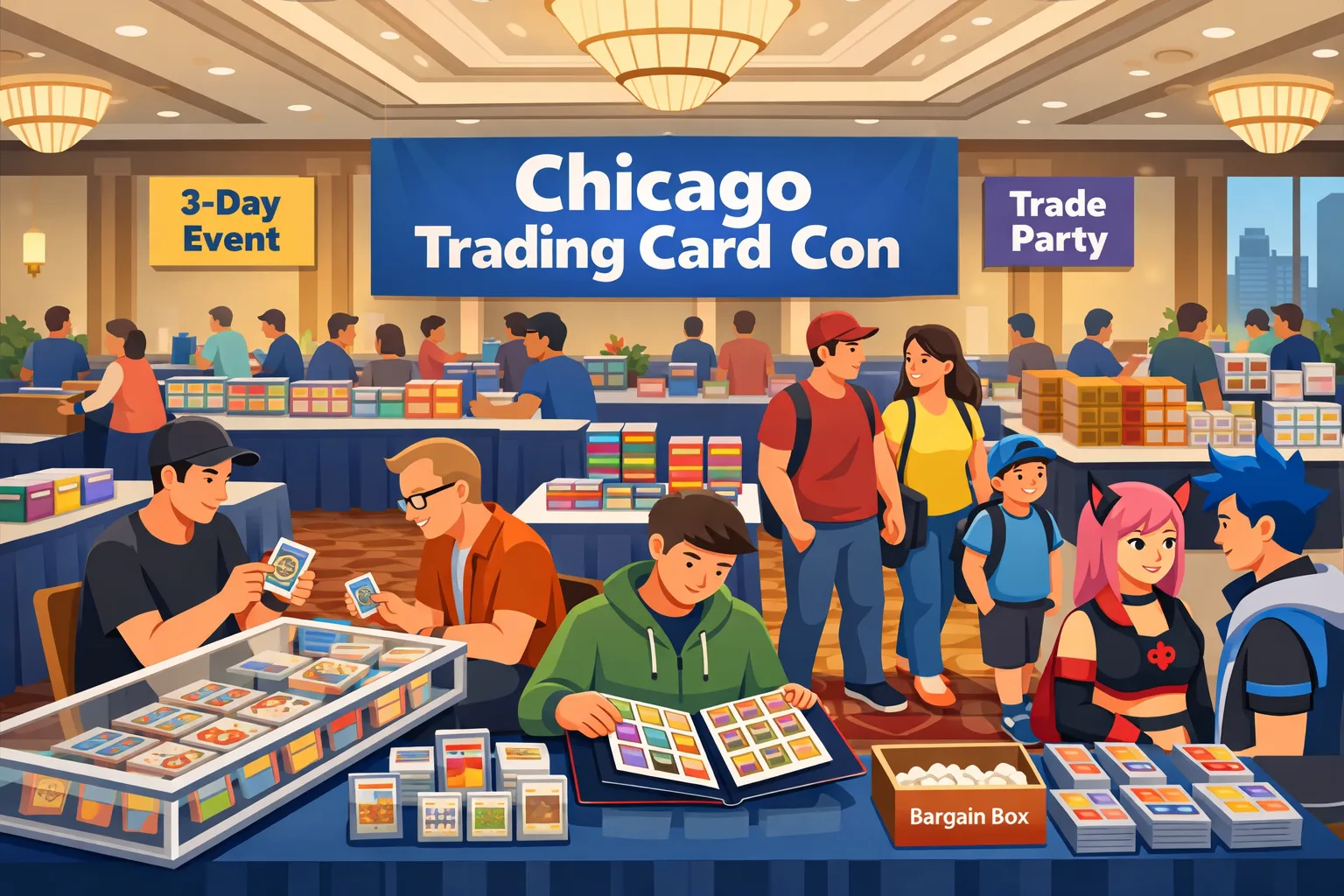 Hero illustration of Chicago Trading Card Con inside a downtown Chicago hotel convention hall, with vendor tables, display cases, binders, slabs, sealed product, and collectors trading and browsing.