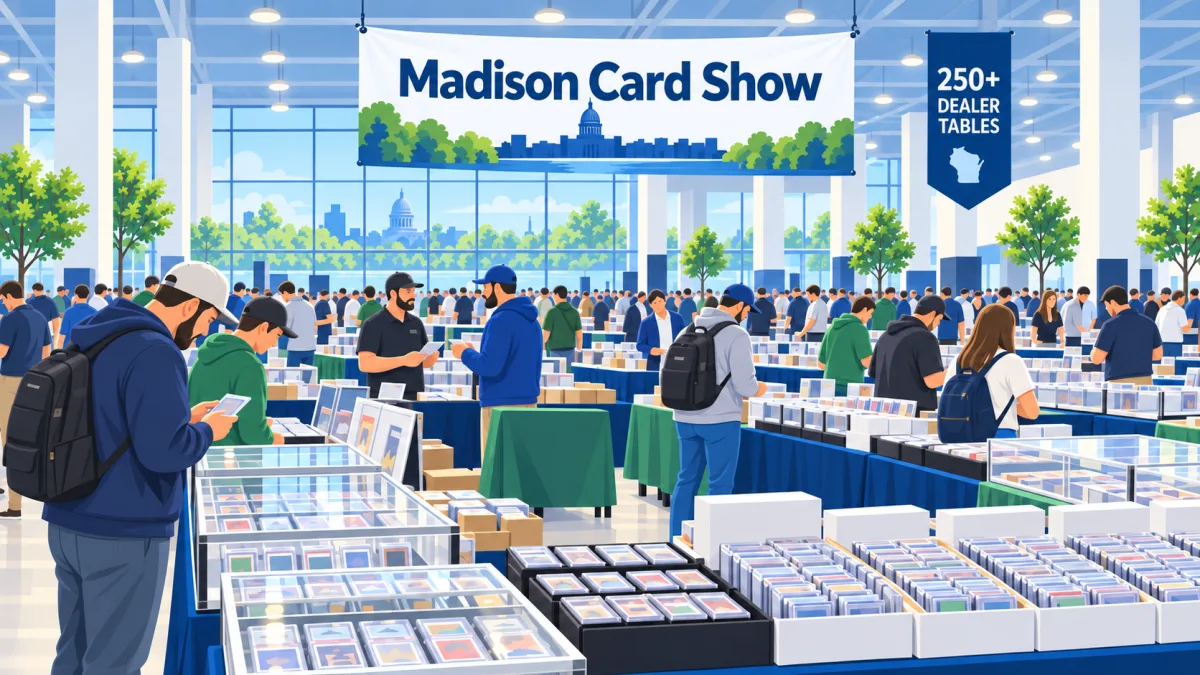 Illustration of collectors browsing card tables inside the Alliant Energy Center Exhibition Hall beneath a Madison Card Show banner.