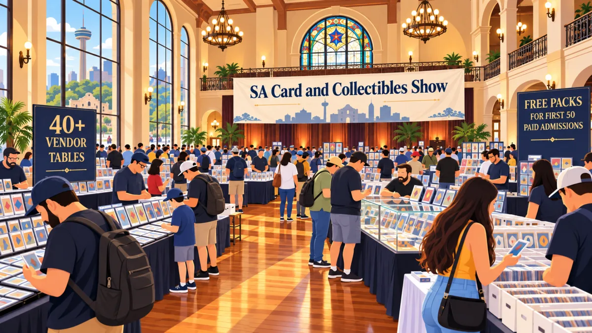 Collectors browse card displays and vendor tables inside historic Hermann Sons Hall beneath an SA Card and Collectibles Show banner.