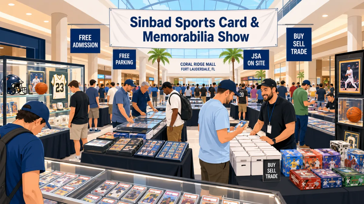 Sinbad Sports Card and Memorabilia Show at Coral Ridge Mall in Fort Lauderdale, FL. Graded card slabs, booster boxes, framed jerseys, and JSA on-site authentication among busy vendor tables.