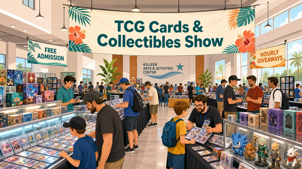 TCG Cards & Collectibles Show at Killeen Arts & Activities Center. Graded slabs, anime figures, and TCG displays fill the floor, with free admission and hourly giveaways banners overhead.