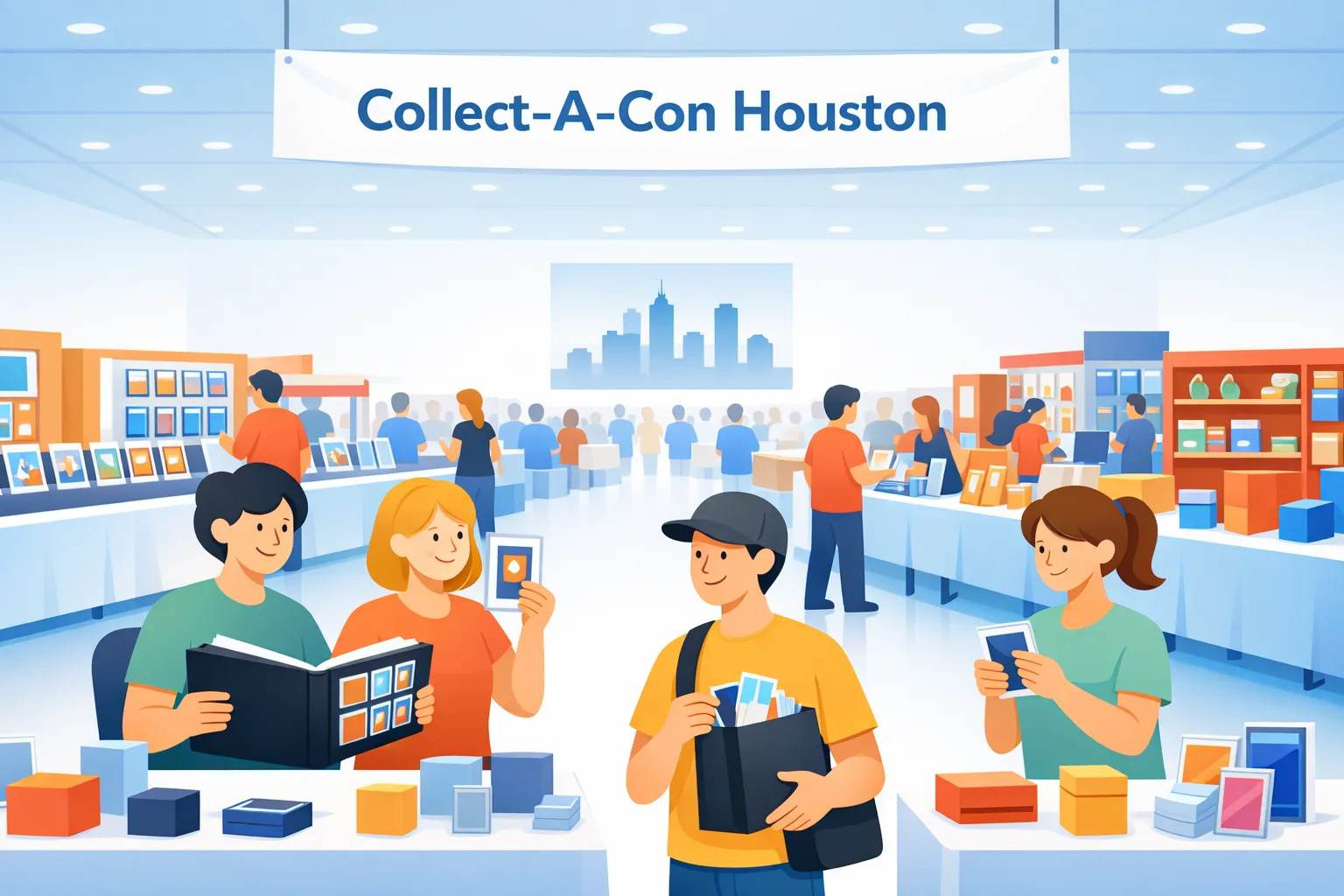Modern vector illustration of collectors browsing vendor tables at a large Houston trading card and pop culture convention inside a bright convention hall.