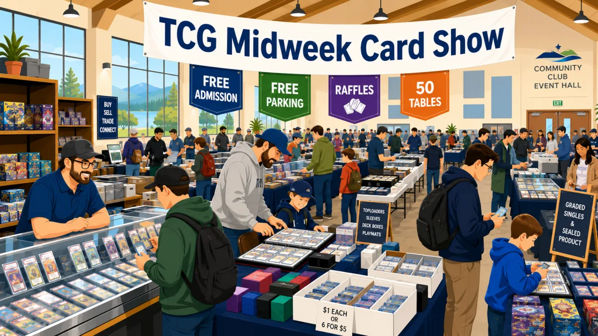TCG Midweek Card Show at Community Club Event Hall, with crowded vendor tables, glass cases of graded card slabs, and sealed product under a 50 tables banner.