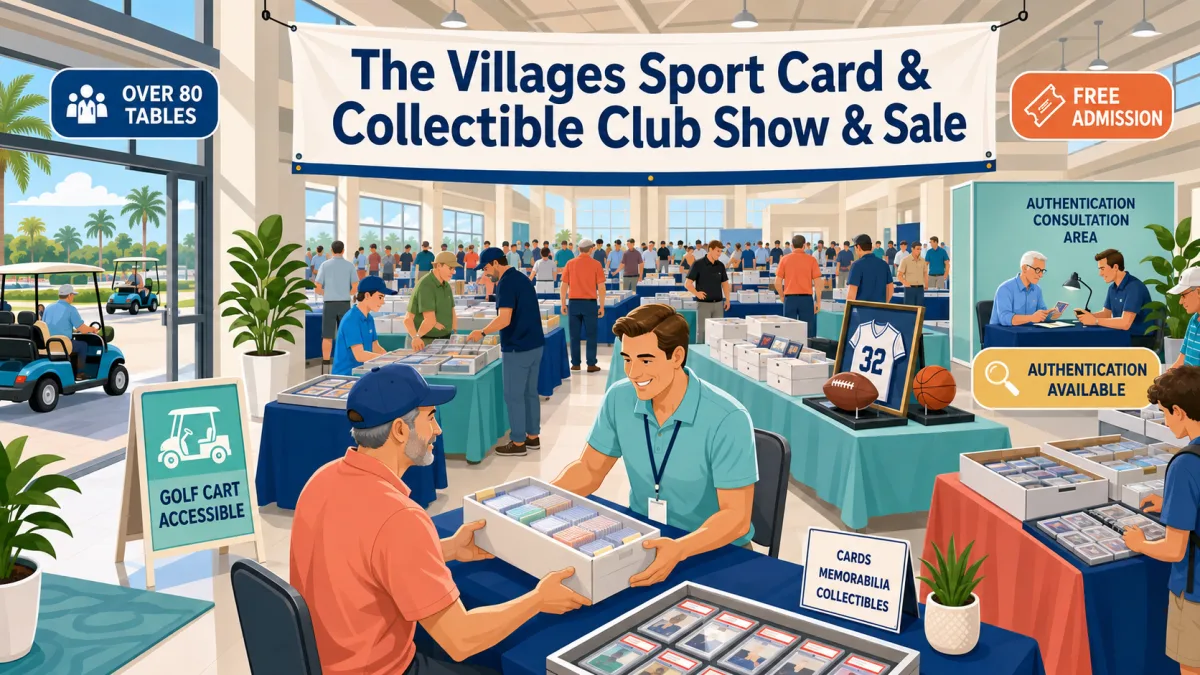 Illustration of collectors browsing sports cards and memorabilia across a busy Savannah Center show floor beneath The Villages Sport Card & Collectible Club Show & Sale banner.